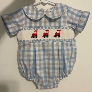 Smocked Blue & White Gingham Kids One-Piece/Bubble with Red Train Motif
